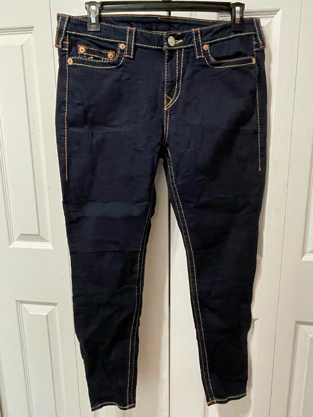 True Religion Navy Super Skinny Jeans with Contrast Orange Stitching